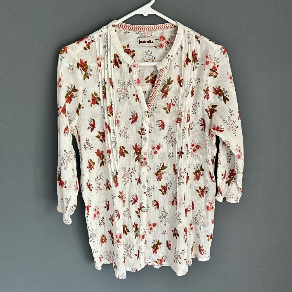 Fabindia Pintuck Floral Women’s Size L Cotton Tunic Blouse Top Shirt Popover